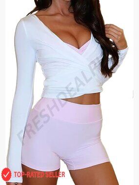 Pilates Wrap Top Long Sleeve Workout Yoga Shirt Cross Self Tie Going Out Crop